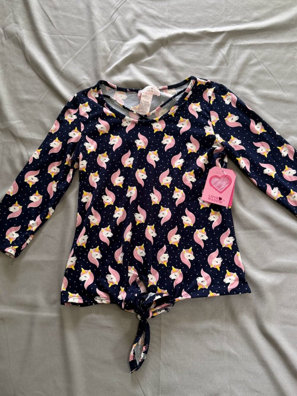 Love Maddie Girls Navy Blue Unicorn Printed Front Tie Shirt Size 10/12 New W/Tag